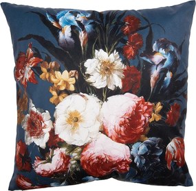 Modrá zamatová obliečka na vankúš s výraznými kvetmi - 45*45 cm