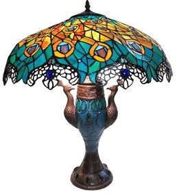 Vitrážové stolná lampa Tiffany Paons - Ø 56 * 68 cm E27 / max 2 * 60W E14 / max 1 * 25W