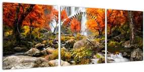 Obraz - Vodopády v oranžovom lese (s hodinami) (90x30 cm)
