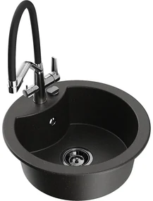 Mexen Diego, 1-komorový granitový drez 488x488x167 mm a drezová batéria Duo, čierna-zlatá metalíza, 6512-75-671701-07-B
