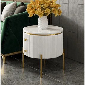 NOČNÝ STOLÍK GASTON BIELY + ZLATÉ NOHY + SYNTETICKÝ MRAMOR