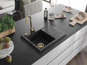 Mexen Ben, 1-komorový granitový drez 600x500x190 mm, ľavý + zlatý sifón, čierna-strieborná metalíza, 6522605000-73-G