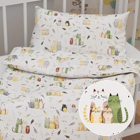 Biante Detské bavlnené posteľné obliečky do postieľky Sandra SA-652 Mačací svet zeleno-žltý na bielom Do postieľky 90x120 a 40x60 cm