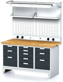 Alfa 3 Dielenský stôl MECHANIC I, perfopanel, polica, el. zásuvky, osvetlenie, 1x 5 a 2x 3 zásuvkový box na náradie, 11 zásuviek, antracit