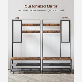 Stojan na kabáty so zrkadlom, háčikmi, lavicou a policami na topánky, rustikálny hnedý