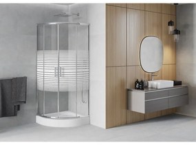 Mexen Rio, štvrťkruhový sprchovací kút s posuvnými dverami 70 x 70 cm, 6mm číre sklo/pásy, chrómový profil + biela vysoká sprchová vanička Rio, 863-070-070-01-20-4710