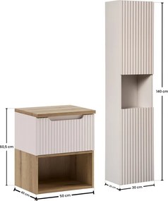 Koupelnová sestava Nova Cashmere II s deskou, regálem a skříňkami 50 cm kašmírová/dub coast evoke