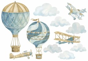 Gario Detská nálepka na stenu Retro balloons and airplanes - tri lietadlá, dva balóny a mraky