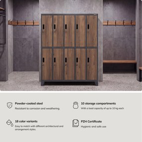 Kovová šatňová boxová skriňa na nôžkach s 10 boxami BARTEK, 1360 x 1720 x 450 mm, Eco Design: antracitová/ dub sonoma