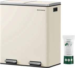 Kovový pedálový odpadkový kôš 2 x 30 L, vzduchotesný, krémovo biely