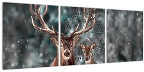 Obraz - Jeleň a laň v zasneženom lese (s hodinami) (90x30 cm)