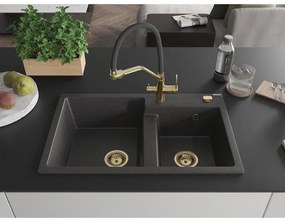 Mexen Tomas, 2-komorový granitový drez 800x500x190 mm  a kuchynská batéria Duo, čierna škvrnitá, 6516-76-671701-57-G