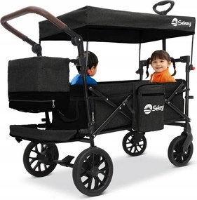 Skladací Kočík Pre 1 – 2 Deti Kolesá XXL Strieška Odpružená Čierna Koža