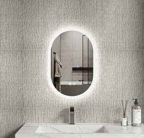 Erga Demi, oválne LED zrkadlo 40x60cm, 3 farby svetla, predné osvetlenie, vyhrievacia podložka proti zapareniu, ERG-V01-DEMI-4060-CL