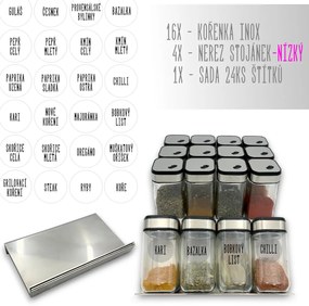 usporadejto.cz Súprava 16ks koreničiek INOX 100ml + 4ks nerezový organizér na koreničky VASKY - NEREZ (nízky) + súprava 24ks štítkov