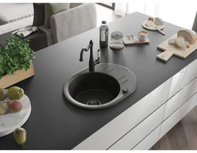Mexen Kevin, drez granitový 586x458x190 mm, 1-komorový a drezová batéria Carla, čierna-zlatá metalíza, 6517-75-670700-70-B