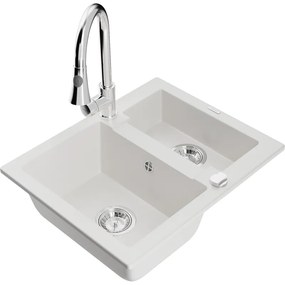 Mexen Carlos, 1,5-komorový granitový drez 582x475x177 mm a drezová batéria Elia, biela, 6518-20-670101-00