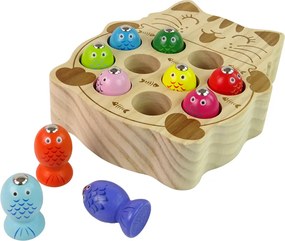 LEAN Toys Drevená hra na zručnosť chytanie rybičiek 2 prúty mačiatko