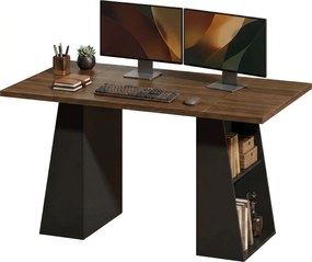 HOMCOM 55.1 in (140 cm) Computer Desk with 4 Open Shelves & Trapezoid Metal Frame — Brown Woodgrain / Black | Aosom