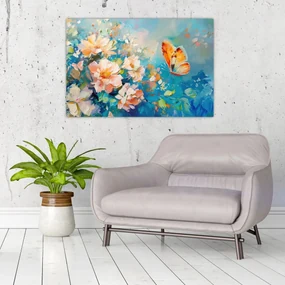 Obraz - Motýľ a kvety, olejomaľba II. (90x60 cm)