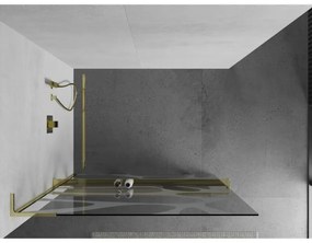 Mexen Kioto+ L, sprchová zástena Walk-In s poličkou a vešiakom 120 x 200 cm, 8mm číre sklo biely vzor, zlatý lesklý profil,800-120-123-50-97