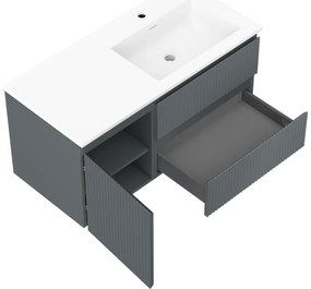 Mexen Rivel, kúpeľňová skrinka 100 cm s pravým umývadlom Otis, 2S, 1D, drážkovaná, grafitová/biela matná, 91A23-10047-3-BBFFF66-W18P01