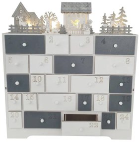 LED adventní kalendář betlém dřevěný, 37 × 11 × 40 cm, bílá a šedá, na 2× AA