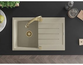 Mexen Bruno, 1-komorový granitový drez 795x495x200 mm a drezová batéria Elia, béžová, 6513-69-670101-50