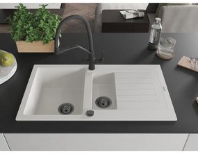 Mexen Matias, 1,5-komorový granitový drez 900x505x200 mm a drezová batéria Duo, biela, 6502-20-671701-70-B
