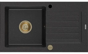 Mexen Pablo granitový jednokomorový drez s odkvapkávačom 752 x 436 mm, Čierna/Strieborná metalíza, Sifón Zlatá - 6510751010-73-G