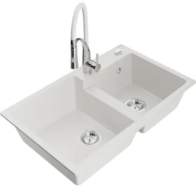 Mexen Tomas, 2-komorový granitový drez 800x500x190 mm a drezová batéria Aster, biela, 6516-20-73450-02