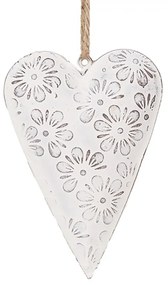 Biele antik plechové ozdobné závesné srdce s kvetmi S - 11*2*8 cm