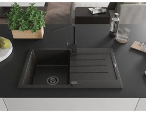 Mexen Bruno, drez granitový 795x495x200 mm, 1-komorový, čierna-zlatá metalíza s čiernym sifónom a čierna drezová batéria Rita, 6513-75-670300-70-B
