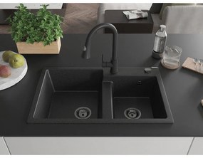 Mexen Tomas, 2-komorový granitový drez 800x500x190 mm a drezová batéria Elia, čierna-strieborná metalíza, 6516-73-670101-70-B