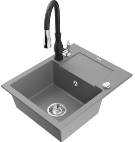 Mexen Enzo, 1-komorový granitový drez 576x465x174 mm a drezová batéria Savita, šedá, 6506-71-672601-70