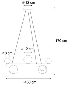 Čierne závesné svietidlo s dymovým sklom okrúhle 8-svetlo - Monaco