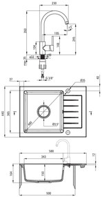 Deante Zorba, granitový drez 580x440x164 mm Z/KO, 3,5" + priestorovo úsporný sifón, 1-komorový + Milin batéria, čierna, ZQZAN11A