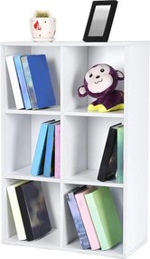 Úložná polica so 6 priehradkami, 3-úrovňová polica na knihy, 65,5 x 30 x 97,5 cm, biela