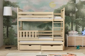 Detská poschodová posteľ z masívu borovice PETR s prístelkou a šuplíky - 200x90 cm - PRÍRODNÁ BOROVICA