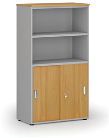Kombinovaná kancelárska skriňa PRIMO GRAY, zasúvacie dvere na 2 poschodia, 1434 x 800 x 420 mm, sivá/buk