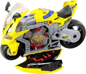 LEAN Toys Rozoberateľný motocykel 2v1 DIY dielňa svetlá zvuky dym žltý 43 cm