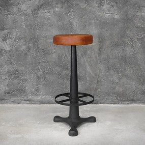 Industriálna liatinová barová stolička s koženým sedákom bez operadla 35x35x80 cm