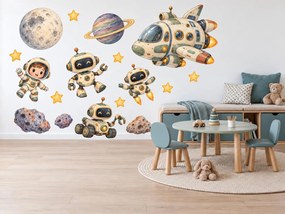 Veselí roboti a malý kozmonaut pastelové vesmírne nálepky na stenu do detskej izby arch 46 x 34 cm