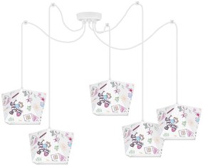 Detské závesné svietidlo Diamond Spider, 5x biele textilné tienidlo so vzorom