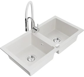 Mexen Mario, granitový drez 820x436x161 mm, 2-komorový a drezová batéria Aster, biela, 6504-20-73450-02
