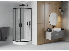Mexen Rio, štvrťkruhový sprchovací kút s posuvnými dverami 90 x 90 cm, 6mm číre sklo, čierny profil + biela vysoká sprchová vanička Rio, 863-090-090-70-00-4710