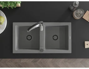 Mexen Mario, granitový drez 820x436x161 mm, 2-komorový a drezová batéria Aster, šedá, 6504-71-73450-07-B