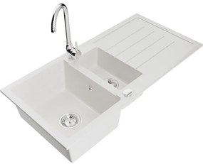 Mexen Andres 1,5-komorový granitový kuchynský drez s odkvapkávačom 100x50 cm a kuchynská batéria Telma, biela, 6515-20-670200-00