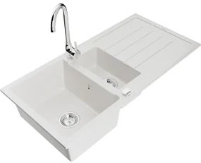 Mexen Andres 1,5-komorový granitový kuchynský drez s odkvapkávačom 100x50 cm a kuchynská batéria Telma, biela, 6515-20-670200-00