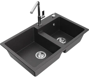 Mexen Tomas, 2-komorový granitový drez 800x500x190 mm a drezová batéria Flora, čierna škvrnitá, 6516-76-670401-00